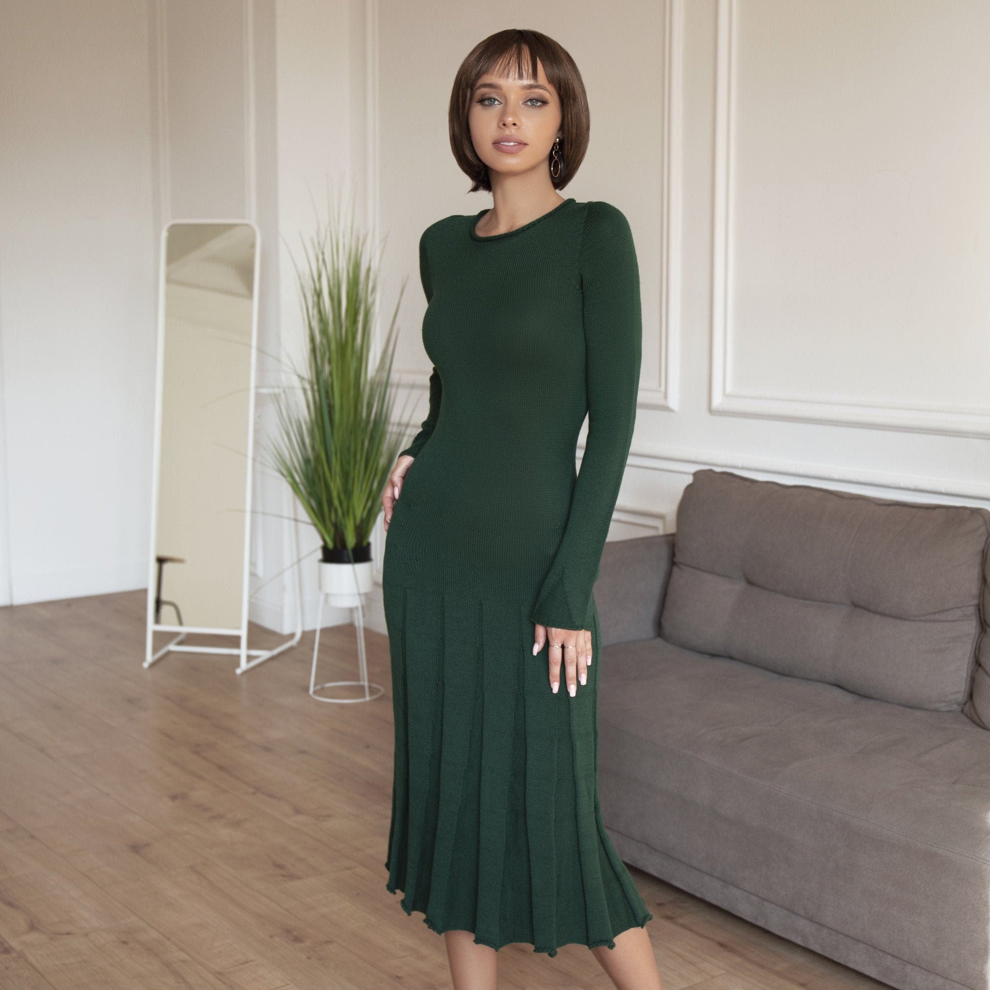 Women Cotton Sweater Dress, Green Midi Sweater Dress, Green Knit Dress With  Pleated Skirt, Long Sleeve Cotton Knitted Dress - Etsy Canada
