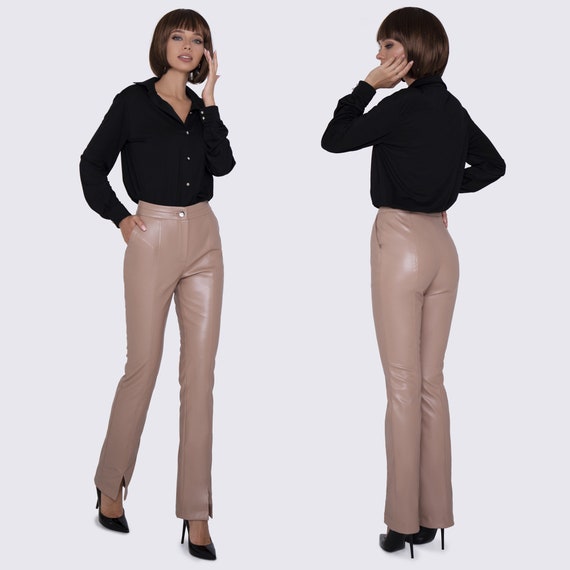 Women's Beige Leather Pants, Leather Trousers with Cotton Lining, Beige  High Waist Leather Pants