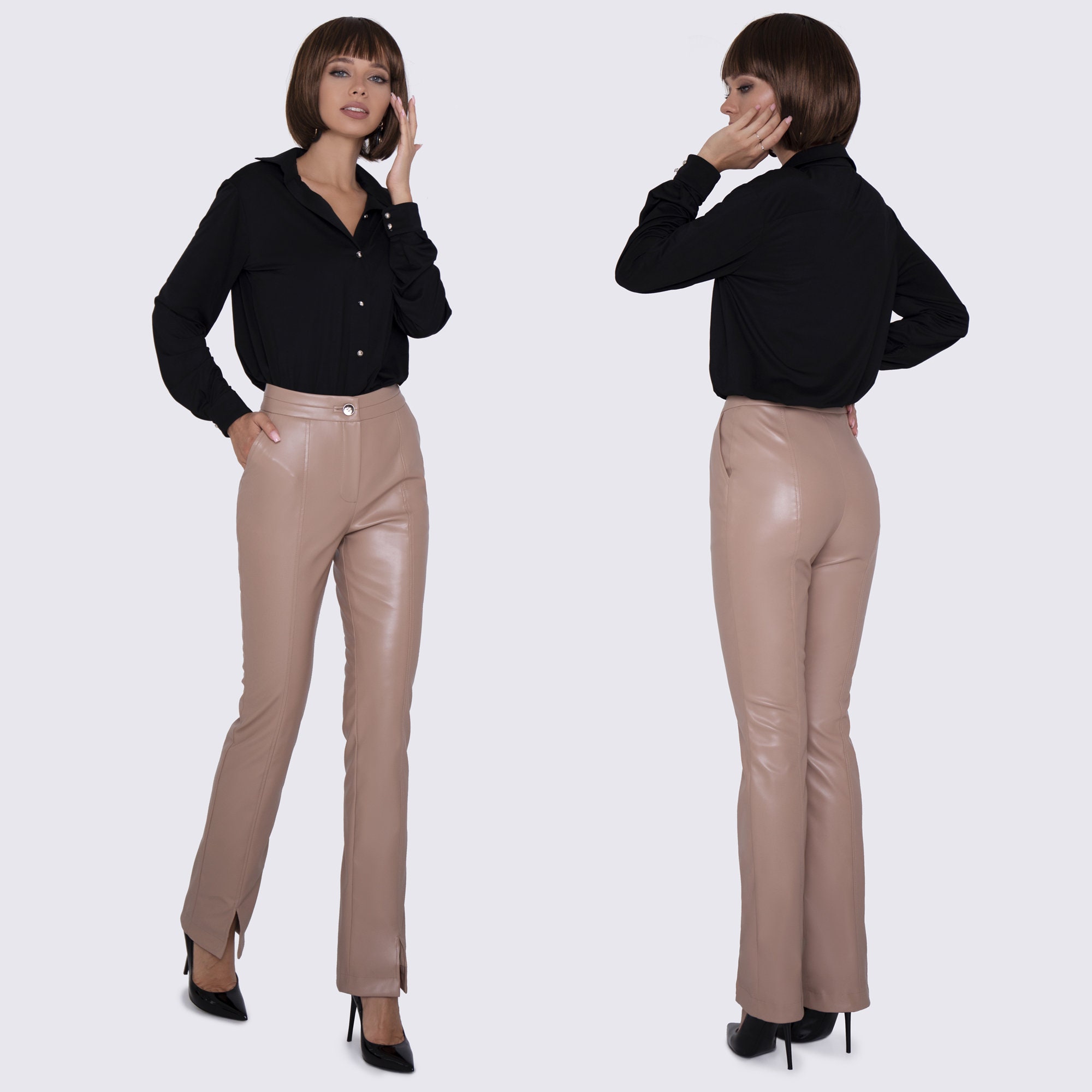 Buy Women's Beige Leather Pants, Leather Trousers With Cotton Lining, Beige  High Waist Leather Pants Online in India 