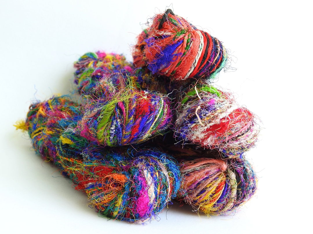 thumbnail interactive-video image 1 of Recycled Sari Silk Yarn - 1000 Grams Handspun Multi-Color For Knitting Crochet 1 of 4