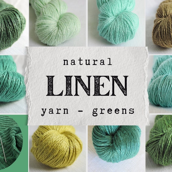 Linen yarn for knitting, weaving, crochet, craft. Soft natural yarn for summer baby hat clothes socks. Green Shades