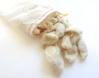 White Silk Caps for Craft. Fine Silk Thread. Textile Art Spinning Stitching Felting Craft Collage Dyeing. Cruelty Free Eco Sustainable