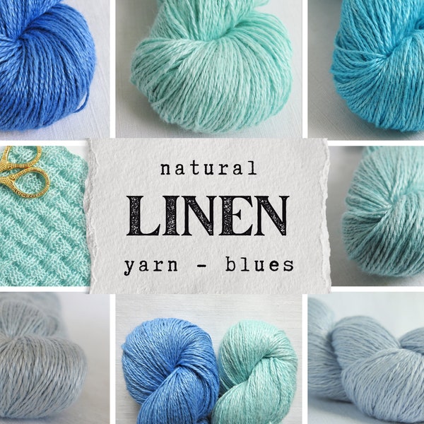 Linen yarn for knitting, weaving, crochet, craft. Natural yarn for summer baby hat clothes socks. Blue Collection