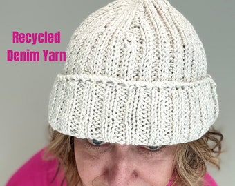 SALE ** Recycled Denim yarn.- Natural recycled cotton. Soft, thick cotton yarn with slub, matt finish. Vegan eco yarn. Sweater Scarf Hat