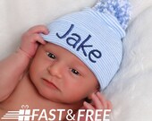 Newborn Hospital Hat-Striped Blue and White Hospital Hat-Blue and White Pom Pom Hat-Personalized Baby Hat-Embroidered Baby Hat- Nursery Hat