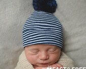 Melondipity Navy and White Stripe Newborn Boy Hospital Hat with NAVY BLUE Handmade Pom Pom Newborn Hospital Hat - Newborn Boy Hat - Striped