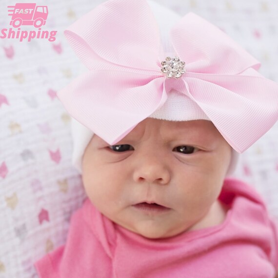 Melondipity Newborn Girl White Hospital Hat Precious Pale Pink Big