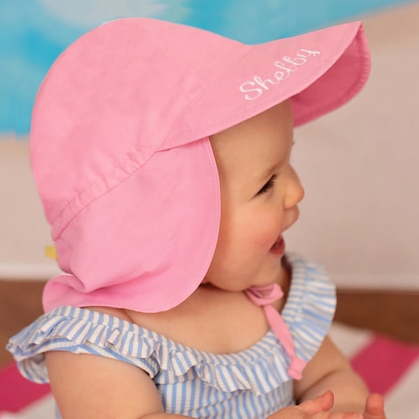 Personalized Light Pink, Bright Pink Or Sea Foam Flap Baby & Toddler Sun Hat, Machine Washable Infant Hat Newborn Summer Hat - Personalized