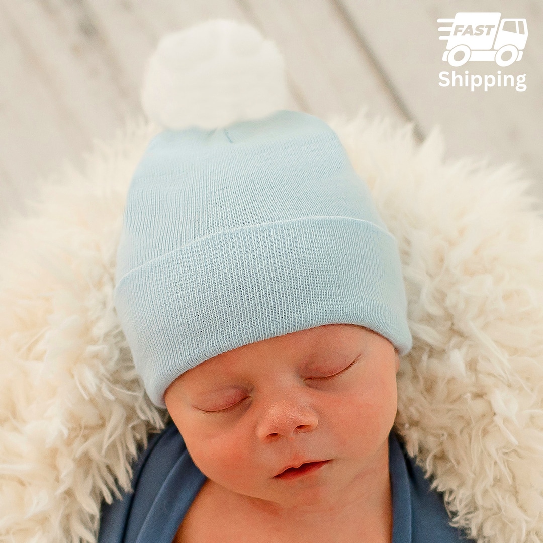 Blue Newborn Hospital Hat: Double Ply Baby Beanie With Pom Pom - Etsy