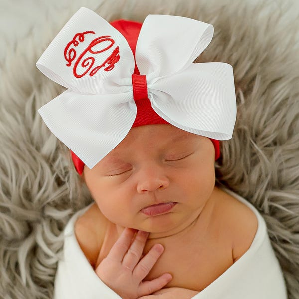 Monogrammed Newborn Girl Hospital Hat: Ribbon Bow, Personalized Beanie