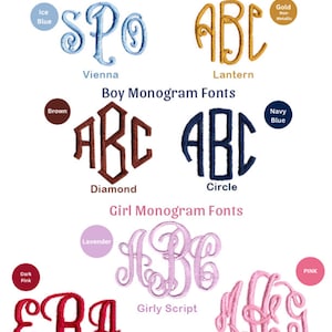 May include: An image showcasing monogram font styles from Melondipity. The image displays various monogram designs in different colors, including blue, gold, brown, navy, pink, and lavender. The fonts are categorized as gender-neutral, boy, and girl styles, with examples like Vienna, Lantern, Diamond, Circle, Girly Script, and Empress.