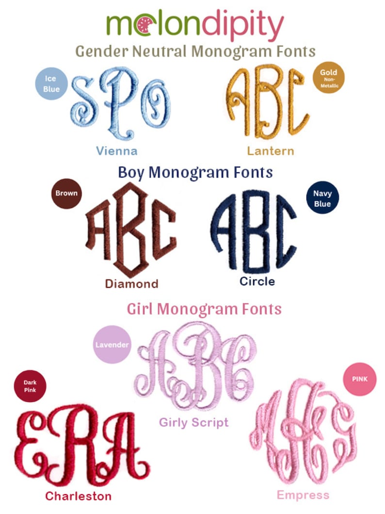 May include: An image showcasing monogram font styles from Melondipity. The image displays various monogram designs in different colors, including blue, gold, brown, navy, pink, and lavender. The fonts are categorized as gender-neutral, boy, and girl styles, with examples like Vienna, Lantern, Diamond, Circle, Girly Script, and Empress.