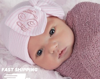 Monogrammed Newborn Girl Hat: Pink Stripe Bow, Handmade USA