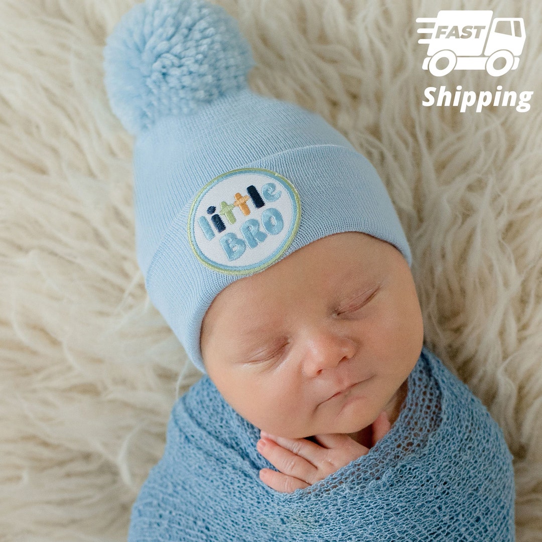 Little Brother Newborn Hospital Hat: Blue or White Pom Pom Beanie - Etsy