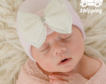 Lacey Pearl Bow Hospital Hat: Pink Newborn Girl Hat, Handmade USA