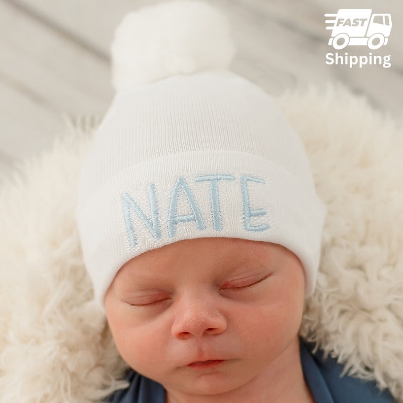 Personalized Newborn Hospital Hat: Embroidered Pom Pom Beanie - Etsy