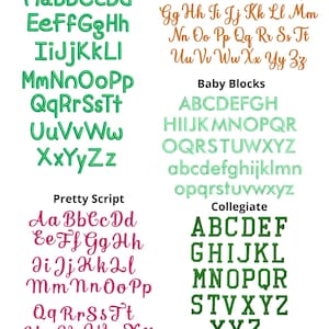 May include: A white background displays various alphabet fonts: Lollipop, Sugarplum, Baby Blocks, Pretty Script, and Collegiate. Each font showcases uppercase and lowercase letters in different styles and colors, including green, orange, and pink.