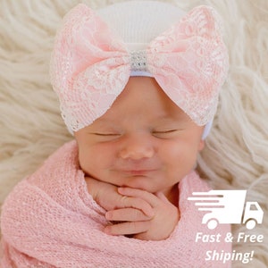Pink Lace Bow With Silver Rhinestones On White Hospital Hat- Nursery Beanie For Girls