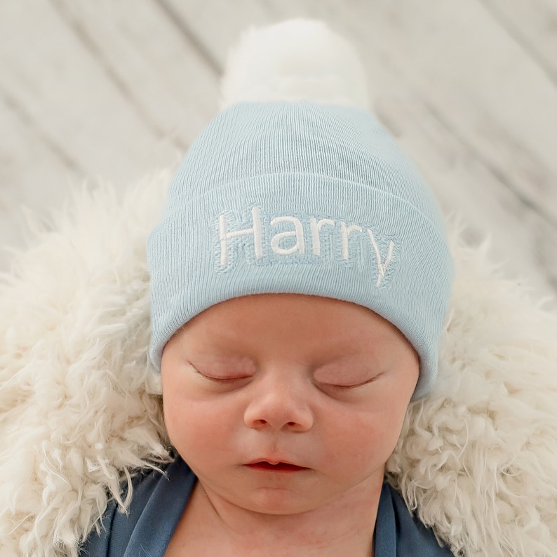 Personalized Newborn Hospital Hat: Embroidered Pom Pom Beanie - Etsy