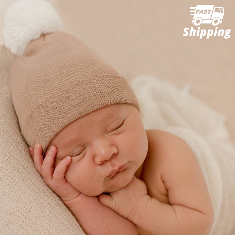 Melondipity Tan Newborn Boy Hospital Hat White Handmade Pom Etsy