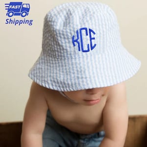 Blue & White Seersucker Monogrammed Sun Hat For Baby And Toddler Boys- Baby Boy Sun Hat - Monogrammed Sun hat for Baby Boys