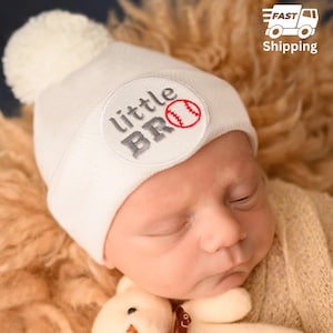 White Little Bro Baseball Newborn Boy Hospital Hat with Pom Pom Perfect Baby Hat for Little Brother, Newborn Nursery Beanie Baseball Family