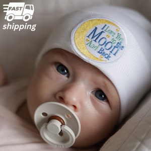 Melondipity Blue and White Hospital Hat with I Love You to the Moon and Back Patch for Newborn Boys and Girls | Double Ply for Extra Warmth