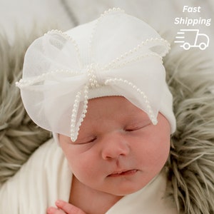 Melondipity White, Pink, and Black Newborn Girl Hospital Hat with Chiffon Bow Ribbon Pearl Trim | Double Ply for Extra Warmth and Comfort