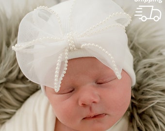 Melondipity Chiffon Bow with Pearl Trim Newborn Girl Hospital Hat - White, Pink or Black Hospital Hat - Newborn Girl Hat Hospital Hat