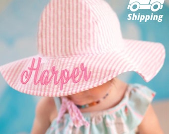 Melondipity Pink and White Wide Brim Seersucker Baby Sun Hat -PERSONALIZED Option - Baby Girl Sun Hat - Seersucker Infant Sun Hat