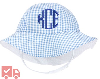 Melondipity Monogrammed Blue and White Gingham Baby Sun Hat- Baby Girl Sun Hat- Blue Gingham Baby Girl Sun hat with Monogram - Toddler