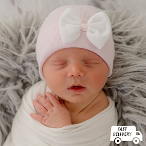 Teeny Bow Newborn Girls Hospital Hat for Newborn and Baby Girls - Pink or White Options with satin ribbon center - hospital hat