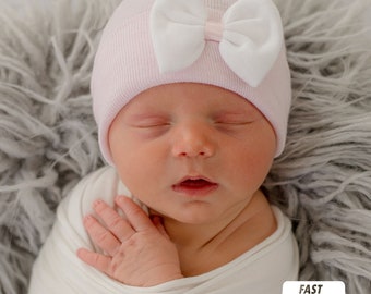 Teeny Bow Newborn Girls Hospital Hat for Newborn and Baby Girls - Pink or White Options with satin ribbon center - hospital hat