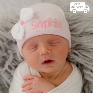 Melondipity Personalized Pink Beanie with Tiny White Bow with Pink Center Embroidered Newborn Girl Hospital Hat - Baby Girl Hat for Hospital
