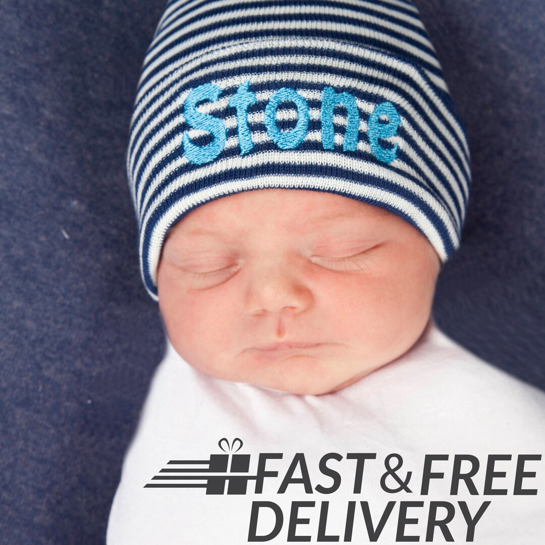 Personalized Newborn Hat White and Navy Striped Hospital Hat Etsy