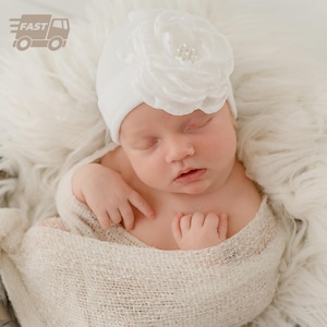 Melondipity Newborn Girl Hospital Hat: White Silk Flower, Pearl Rhinestone