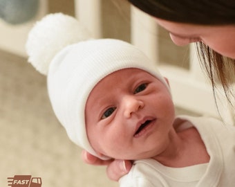 White Newborn Pom Pom Hat | Gender Neutral, Double Ply