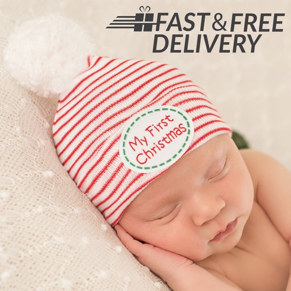 My First Christmas Striped Hospital Hat with White White Pom Pom - Newborn Christmas Hat - Newborn Hospital Christmas Hat - Newborn Hat