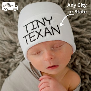 Melondipity Embroidered White, Blue, Pink, or Tan Tiny Texan Hospital Hat for Newborn Baby Boy | Double Ply for Extra Warmth and Comfort