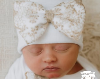 Newborn Girl Hospital Hat: Gold Floral Lace Bow, Handmade USA