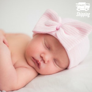 Melondipity Pink and White Striped Hospital Hat with Sweet Pink Ribbon for Newborn Girl | Double Ply for Extra Warmth and Comfort
