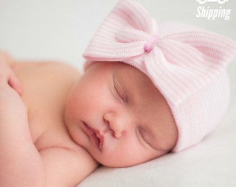 Melondipity So Sweet Pink Ribbon Striped Nursery Newborn Girl Hospital Hat - Striped Pink and White Hospital hat with PINK Ribbon Center