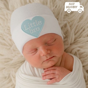 Melondipity White or Blue Hospital Hat with Little Bro Heart Patch for Newborn Boy | Double Ply Fabric for Extra Warmth and Comfort