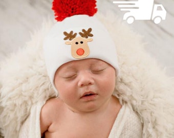 Melondipity Reindeer Pom Pom Newborn Hospital Hat - Newborn First Christmas Hospital Hat With Red Pom Pom