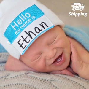 HELLO my name is Baby Hat - Hospital Newborn Beanie Boys - Lollipop Font Personalized Baby Boy Hat - Baby Shower Gift