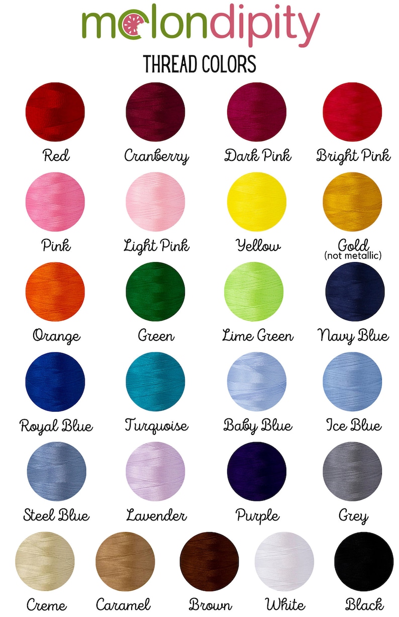 May include: A color chart from melondipity displays thread colors. The chart includes a variety of colors, such as red, pink, orange, green, blue, and purple. Each color is represented by a circular swatch with the color name below.