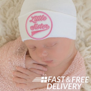 Melondipity All-Star White Hospital Hat with Little Sister or Brother Baseball Patch for Newborn Girl | Double Ply Fabric for Extra Warmth