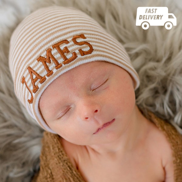 Melondipity Tan and White Striped Personalized Newborn Boy Hospital Hat - Hospital Hat - Newborn Boy Hat - Baby Boy Hat