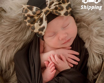Leopard Bow Baby Newborn Girl Hospital Hat - White Hat With Leopard Fabric Bow - Newborn Fashion Hat for Newborn Girls - Hat Leopard