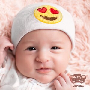 Melondipity White, Blue, and Pink Newborn Baby Hospital Hat with Heart Eye Emoji Patch | Double Ply Fabric for Extra Warmth and Comfort